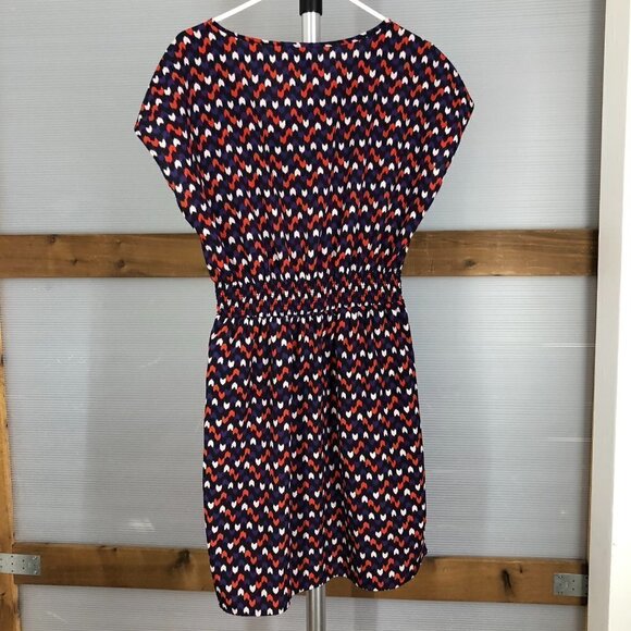 GAP Factory Purple Red Cream Chevron Ruched Asymmetrical Neckline S/S Dress Sz L - Picture 8 of 10